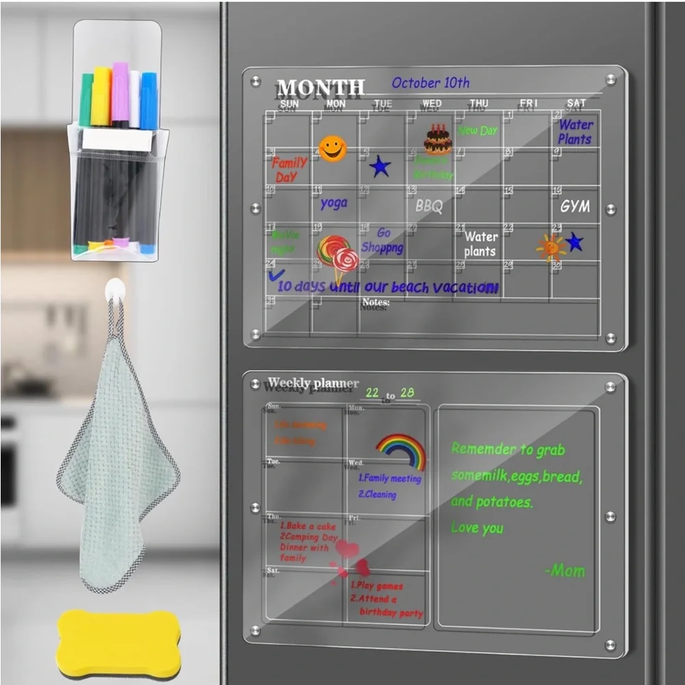 NEW! 2- Pack Dry Erase Acrylic Magnetic Fridge Calendars Monthly Weekly Reusable